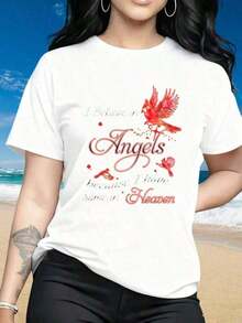 Camiseta de manga corta con cuello redondo para mujer, versátil, adecuada para ropa de calle, salidas diarias, campamentos, conciertos, eventos de hip-hop, rock y rap. Camiseta con estampado de pájaro cardenal "I Believe In Angels Because I Have Some In Heaven" para mujer, camiseta gráfica negra, ropa casual de playa. Los estampados divertidos son adecuados para el Día de San Valentín, Navidad, fiestas, actividades deportivas, vacaciones, salidas, deportes y otros regalos navideños. Camiseta deportiva para mujer - Blanco - Ver 1