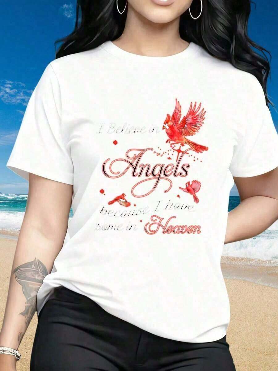 Camiseta de manga corta con cuello redondo para mujer, versátil, adecuada para ropa de calle, salidas diarias, campamentos, conciertos, eventos de hip-hop, rock y rap. Camiseta con estampado de pájaro cardenal "I Believe In Angels Because I Have Some In Heaven" para mujer, camiseta gráfica negra, ropa casual de playa. Los estampados divertidos son adecuados para el Día de San Valentín, Navidad, fiestas, actividades deportivas, vacaciones, salidas, deportes y otros regalos navideños. Camiseta deportiva para mujer - Blanco - Ver 1