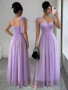 Elenzya Elegant And Romantic Sleeveless Halter Dress With A Tie Waist And A-Line Skirt. Suitable For Weddings, Parties, And Gatherings - 灰色 - 查看 3
