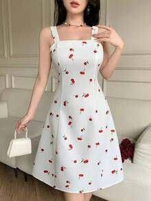 Vestido de tirantes elegante con estampado de cerezas para mujer - Negro - Ver 3