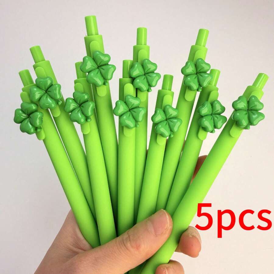 1支/3支/5支裝幸運四葉草可伸縮凝膠筆，綠色筆桿順滑黑墨書寫筆，好運文具禮品，適用學校用品、學習筆記與日常書寫，開學季