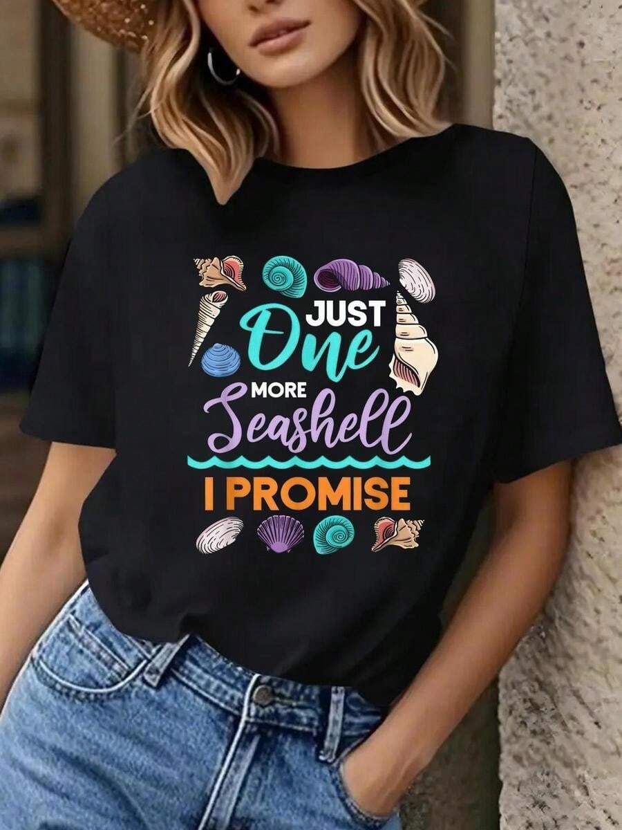 1 pieza de playera para hombre y mujer, 100% algodón puro, cuello redondo casual con estampado, manga corta transpirable para uso diario. Dise?o femenino con temática de playa, incluye conchas dobles y estrellas de mar. - Negro - Ver 1