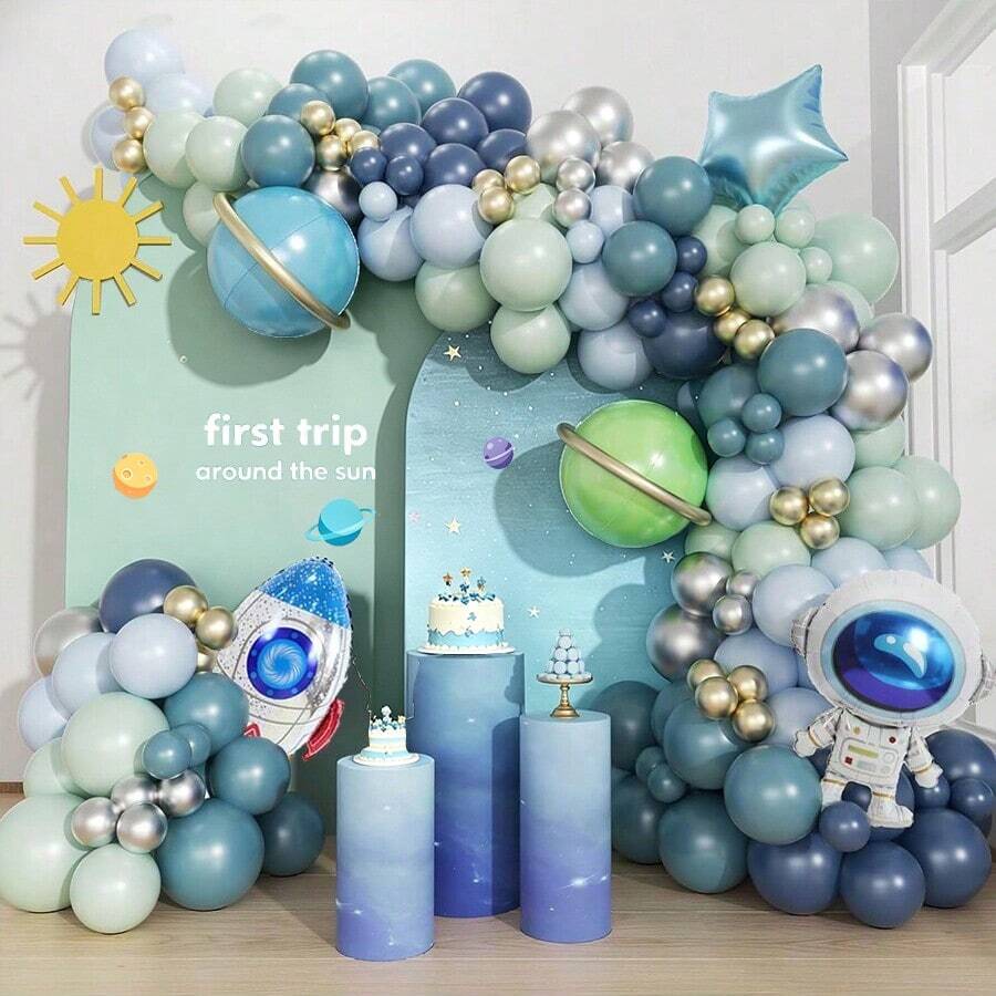 New Space Theme Balloon Arch Set, Includes 5/10/12 Inch Blue, Green, Purple, Pink, Metallic Silver Balloons, Rocket, Astronaut, Planet Foil & Latex Balloons, Suitable For Birthday Party Decorations - Khaki - View 1
