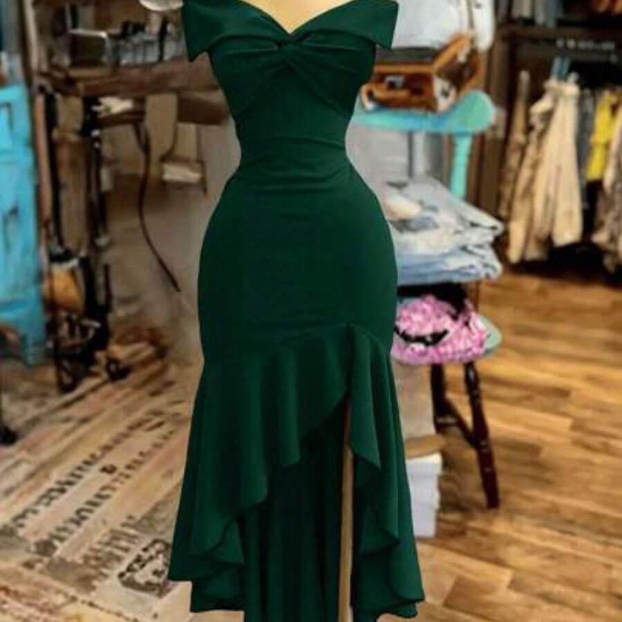 guang zhou mi qian shang mao Vestido ajustado con hombros descubiertos y efecto retorcido, elegante y sexy para mujer - Verde - Ver 1