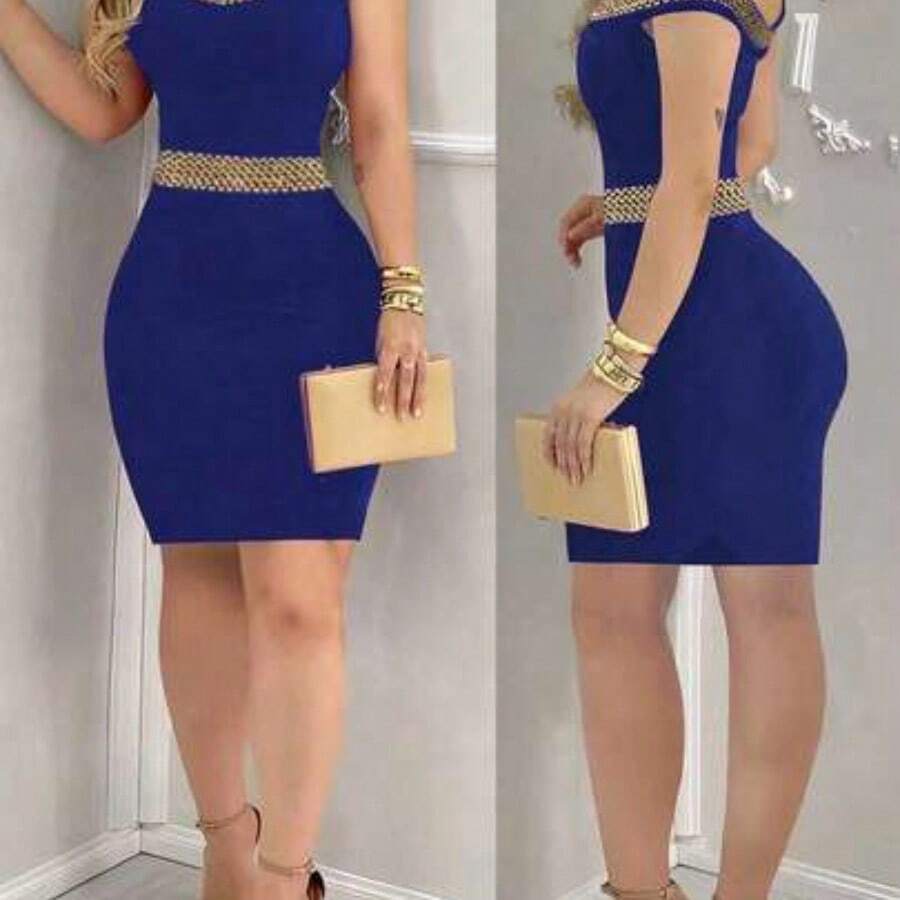 guangzhougaolangshangmao Vestido negro elegante y ceñido para mujer - Halter sin mangas con tela de lentejuelas en la espalda, perfecto para actividades de verano, mezcla de poliéster lavable a máquina, vestido ajustado, adecuado para citas nocturnas diarias, fiestas, fiestas de solteros - azul real - Ver 1
