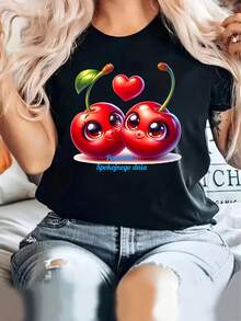 Just A Day Of Peace, Cherry Love, Valentine's Special Edition, Heart, Gift, Special Edition, New Women's Casual Sporty Crew Neck T-Shirt Comfortable For All Four Seasons - 黑色 - 查看 2