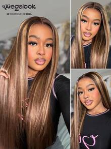 MEGALOOK 13x6 Super Brown & Golden Highlight Silky Straight Human Hair Wig, 100% Real Hair With Drawstring, Pre-Trimmed Ear To Ear 3-Part Lace Wig, 180% Density Transparent Hairline, Highlighted Colored Wig, No Glue Needed, Natural Looking, Suitable For Daily Office, Halloween, Party, Y2K Bad Girl Vacation Style, Outdoor Cosplay, School, Christmas, Wedding, Festival, For Women - Multicolor - View 1