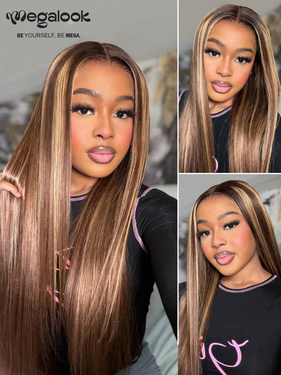 MEGALOOK 13x6 Super Brown & Golden Highlight Silky Straight Human Hair Wig, 100% Real Hair With Drawstring, Pre-Trimmed Ear To Ear 3-Part Lace Wig, 180% Density Transparent Hairline, Highlighted Colored Wig, No Glue Needed, Natural Looking, Suitable For Daily Office, Halloween, Party, Y2K Bad Girl Vacation Style, Outdoor Cosplay, School, Christmas, Wedding, Festival, For Women - Multicolor - View 1