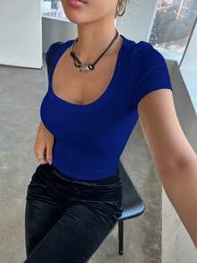 Camiseta casual de verano para mujer de ajuste ceñido con cuello redondo y mangas cortas en unicolor - azul real - Ver 3