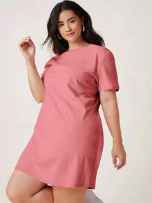 BASICS Vestido De Camiseta Sólida De Manga Corta Para Tallas Grandes - Rosa vieja - Ver 3
