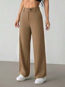 Pantalones rectos casuales de mujer de unicolor con cinturón - Marrón - Ver 3