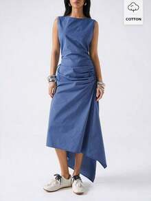 XHELYSMO 2026 Nuevo vestido casual de mujer minimalista de primavera con cuello redondo sin mangas, plisado, bajo asimétrico, de longitud media, adecuado para salidas, regreso a la escuela, graduación, uso casual en la calleXHE - Multicolor 2 - Ver 6