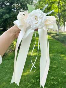 2PCS Wedding Car Rearview Mirror Flower With Suction Cup, Cream White Artificial Rose Bow Satin Ribbon Streamers For Bridal Convoy, Door Handle Decor - Multicolor - View 6