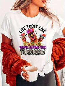 Camiseta de cuello redondo con estampado de pollos, blusa casual de manga corta para verano y primavera, blusa casual para mujer. - Blanco - Ver 7