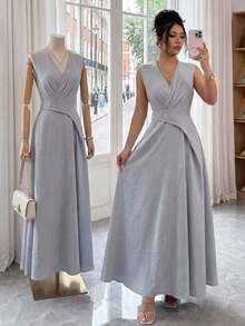 xheElenzga Vestido largo de mujer con diseño de cintura elegante sin mangas, de tela texturizada y cintura ceñida, adecuado para la temporada de graduación, versátil y minimalistaxhe - Gris azul - Ver 3