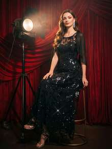Summer Cloak Sleeves High Quality Sequin A-Line Black Formal Party Evening Dress,Elegant Luxurious Prom Gown,For Birthday,Wedding Guest,For Graduation - 黑色 - 查看 2
