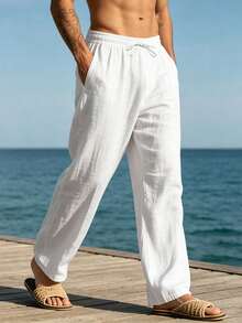 Pantalones largos casuales sueltos de lino blanco tejido para hombres, adecuados para primavera/otoño/verano - Blanco - Ver 3