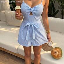 Yunuo Menswear  Mono de tirantes finos sexy y elegante con rayas azules, nudo hueco y lazo en la cintura, adecuado para verano, playa y vacaciones - Azul - Ver 5