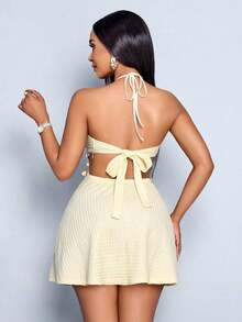 Vestido corto de punto para playa, con cuello halter, espalda descubierta, cintura con flecos, uso diario, para vacaciones y estilo de Hawái, en unicolor, para uso en primavera y verano - Albaricoque - Ver 2