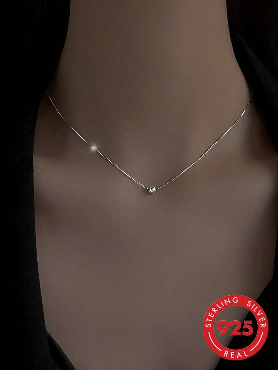 ELSEDES 1pc Stylish & Charming S925 Silver Simple Beaded Choker Necklace For Women's Daily, Party Wear - Silver - View 1