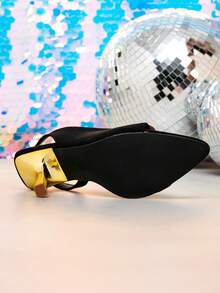 Women's New Black Backstrap High Heel Sandals, Gold Disc Decor, Pointed Toe Stiletto Heel, Fashionable Daily Wear - Black - View 7