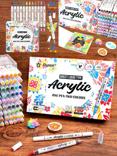 84pcs 168 Colors Dual-Tip Dual-Color Acrylic Paint Markers Set, Soft Brush Tip With Automatic Ink Control, Suitable For Wood, Stone, Canvas, Glass, Fabric, Egg, Stone Painting And DIY Crafts