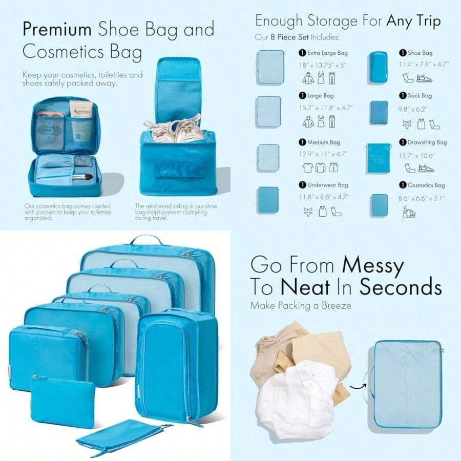 Carrywell - Cubos de embalaje para maletas y equipaje de mano bolsas organizadoras de equipaje para ropa y artículos esenciales de viaje 8 unidades (no fabricado en China - Azul - Ver 1