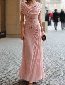 2026 European Casual Party Elegant Ruched Cowl Neck Evening Dress - 黑色 - 查看 11