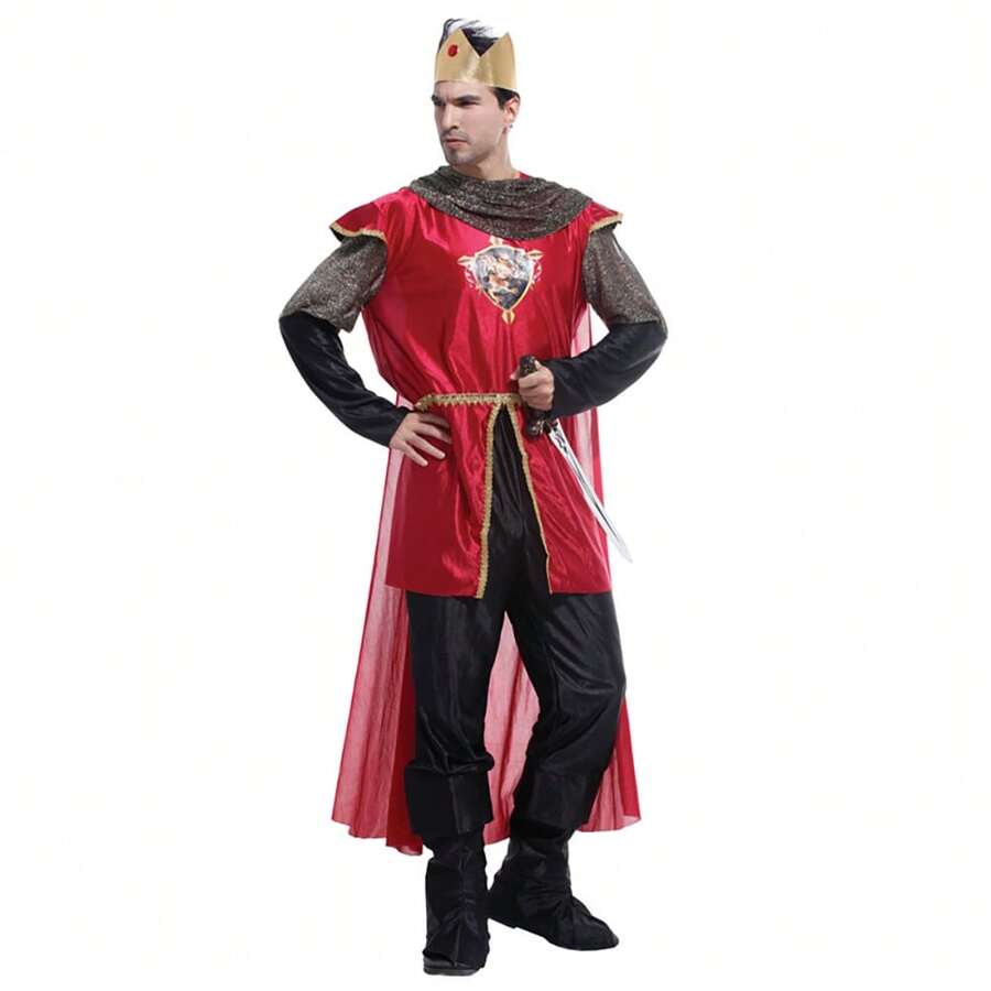 成人男士國王騎士套裝長袍+腰部收緊設計，適用於角色扮演/舞台劇/拍照/武術主題派對