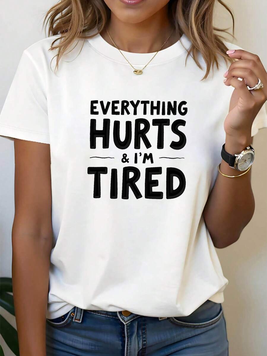 Camiseta de mujer, popular entre los trabajadores, con el texto "TODO DULORE, ESTOY CANSADA" impreso, de cuello redondo para mujer de talla grande, camiseta de manga corta cómoda y casual de moda primavera/verano, 100% algodón puro. - Blanco - Ver 1