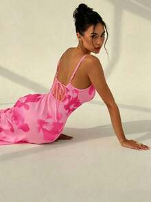 Vestido ajustado de tirantes con estampado de teñido anudado en marrón, adecuado para vacaciones en la playa, atuendo de verano, fiestas de verano y uso nocturno - Rosa 3 - Ver 2