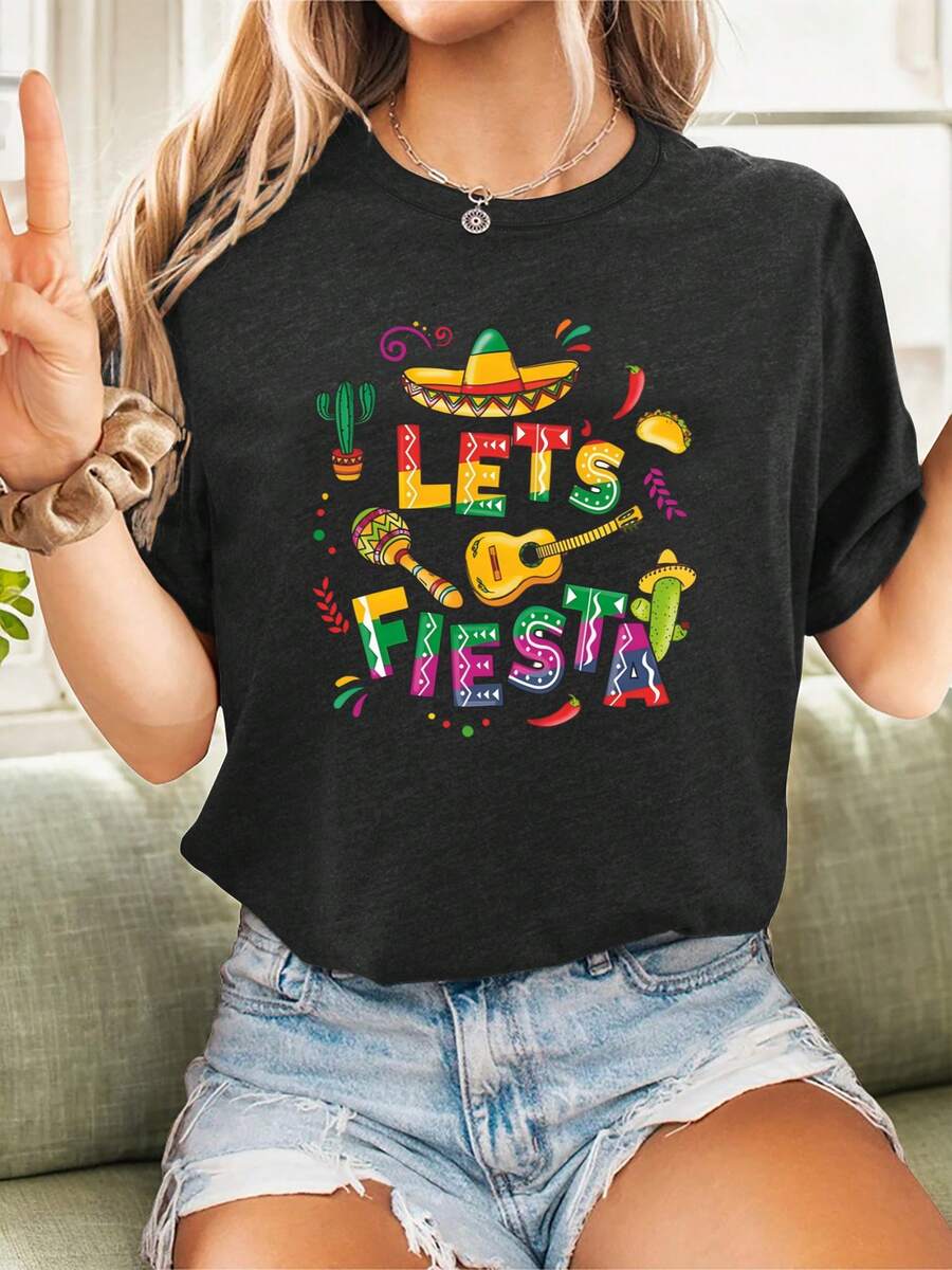 Camiseta de manga corta con cuello redondo para mujer, estilo europeo y americano, ligera y transpirable, con un diseño vibrante inspirado en festivales mexicanos, corte holgado para disfrutar fácilmente de las actividades al aire libre en verano y de los momentos festivos, adecuada para varios conjuntos deportivos casuales de estilo urbano. Estilo coreano, manga corta holgada. - Negro - Ver 1