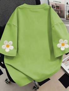 花卉字母印花圓領女款大碼休閒夏季上衣，時尚袖口印花短袖，適合夏季度假、海灘穿搭、假日穿著、春季穿著、情人節穿著，適用於日常穿著、外出上衣、野餐、節慶、海灘、派對、生日、聚會、舞蹈、學校、音樂節、通勤、健身、婚禮、新年，春季上衣，女款夏季服飾，女款假日服裝 - 青檸色 - 查看 2