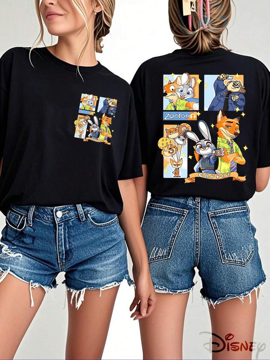Disney Licensed Zootopia Judy & Nick Grid Selfie Front & Back Printed T?Shirt For Women, Stylish Loose Round Neck Top, Bestie & Daily Check?In Outfit, Unisex Couple Wear, Perfect IP Gift, Local Warehouse Fast Shipping - 黑色 - 查看 1
