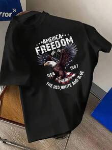 Men's Plus Size T-Shirt, 100% Cotton, American Elements Print, Crew Neck, Short Sleeve, USA 1987 Eagle Design, Red And White Theme, Comfortable And Casual Short Sleeve Summer T-Shirt, PLUS SIZE - 黑色 - 查看 6