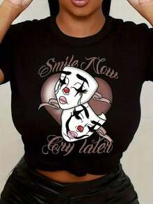 1 camiseta con estampado de máscara de payaso, manga corta, cuello redondo, estilo casual, 180g, 100% algodón. - Negro - Ver 6