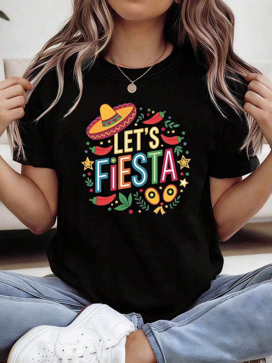 [Especial de Festival]Camiseta de manga corta de primavera/verano para mujer con cuello redondo y estampado de texto "LET'S FIESTA" estilo Carnaval Mexicano del 5 de Mayo, adecuada para compras informales, regalos de festival, reuniones de amigos, fiestas de música y ropa de vacaciones. - Negro - Ver 1
