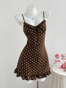 Vestido de tirantes con estampado de lunares, volantes en el bajo y lazo delantero para mujer - Marrón - Ver 3