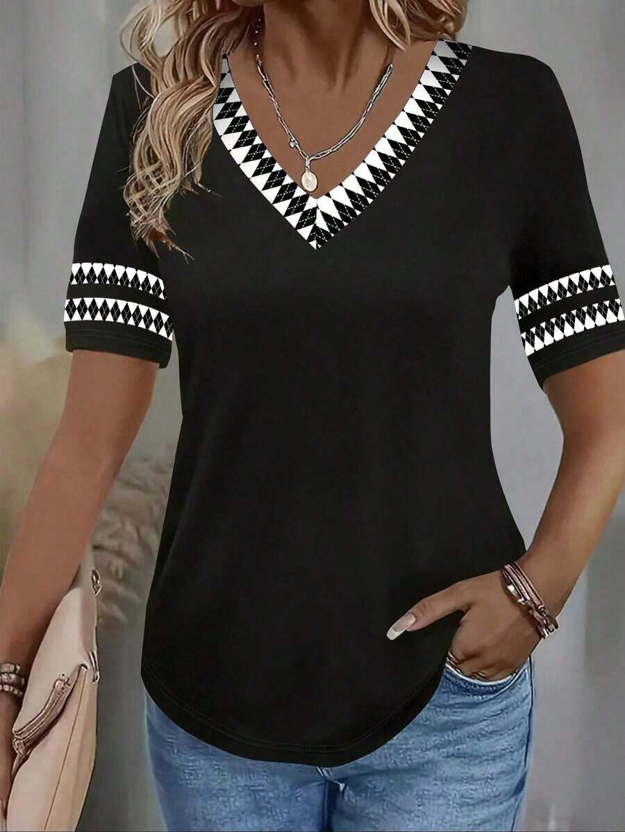 Camiseta casual de mujer con cuello en V y estampado geométrico de manga corta - Multicolor 2 - Ver 1