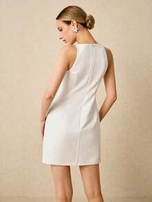 Elegant Solid Color Sleeveless Short Dress For Women, Formal Dress, Wedding Dress, White Prom Dress, Casual Office Dress - 黑色 - 查看 9