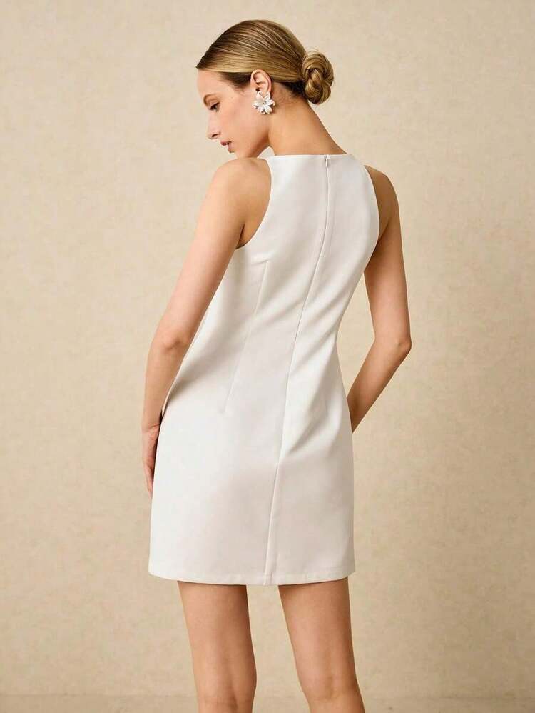 Elegant Solid Color Sleeveless Short Dress For Women, Formal Dress, Wedding Dress, White Prom Dress, Casual Office Dress - White - View 2