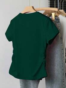 Camiseta de manga corta de ajuste ceñido de unicolor amarilla para mujer de talla grande - Verde Oscuro - Ver 2