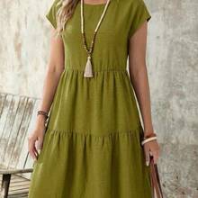 guang zhou mi qian shang mao  Vestido casual de mujer de manga corta, cuello redondo y longitud media, con apariencia de lino verde, para primavera/verano - Azul - Ver 8
