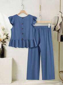 Set casual de 2 piezas para mujeres: Top de manga corta cuello redondo sólido y pantalones - Azul - Ver 6