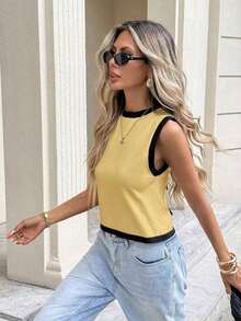 Chaleco de punto casual de cuello redondo con cordones en la espalda y contraste de color, para otoño - Amarillo - Ver 2