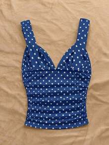 Camiseta de mujer elegante de vacaciones de tela de punto con estampado de lunares, con tirantes retorcidos y fruncidos, de ajuste ceñido, adecuada para vacaciones, citas, té de la tarde, playa, crucero, viaje a la ciudad, vacaciones en la isla, festival de música, vacaciones bohemias, se puede usar por dentro o por fuera.Parte superior con estampado de lunares, top de tirantes con estampado de lunares, blusas de verano lindas para mujer con estampado de lunares, top básico con estampado de lunares - Azul marino - Ver 2