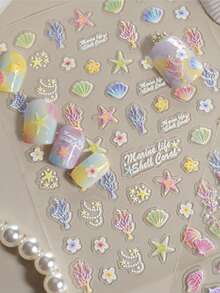 Shell Bow Nail Art Stickers, 1pc Beach Resort Style 5D Embossed Self-Adhesive DIY Nail Stickers And Decals - Nail Supplies And Nail Charms For Girls And Women-Spring Summer Nails For Nail Art Home Salon - Multicolor - View 1