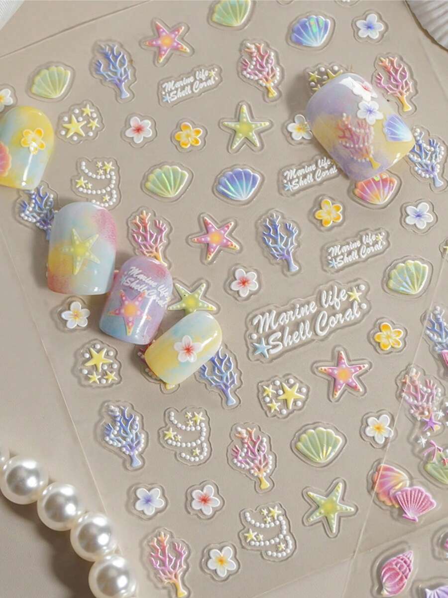 Shell Bow Nail Art Stickers, 1pc Beach Resort Style 5D Embossed Self-Adhesive DIY Nail Stickers And Decals - Nail Supplies And Nail Charms For Girls And Women-Spring Summer Nails For Nail Art Home Salon - Multicolor - View 1