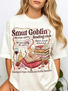 1 Piece Artsadd Smut Goblin Dark Romance Bookish Shirt, Spicy Book Club T-Shirt, Girls With A Book Date T-Shirt, Book Lover T-Shirt, 180g 100% Cotton - 1-白色 - 查看 8