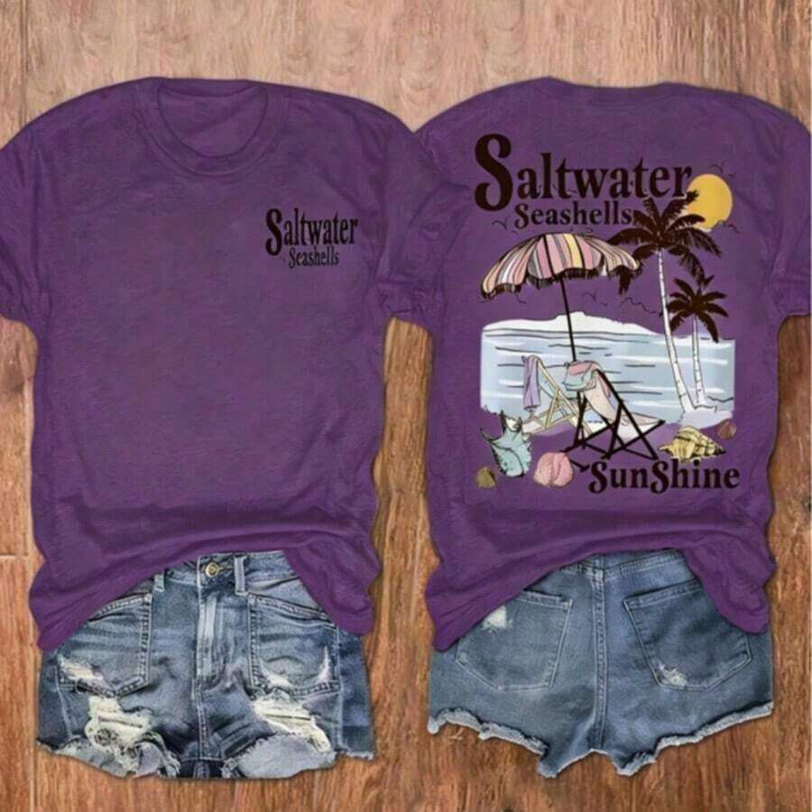 Conjuntos de Vacaciones para Mujer, Camiseta con Estampado de Conchas Marinas y Palmeras para la Playa, Camiseta Casual de Manga Corta para Mujer, Ropa de Mujer, Holgada y Cómoda, Ropa de Verano para Vacaciones de Mujer - Morado - Ver 1